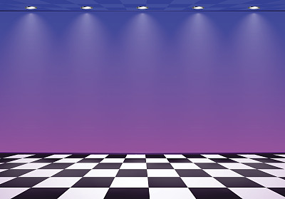 80年代风格的蒸汽波房，蓝色和紫色的墙，格子地板