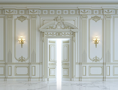 古典风格的白色墙板，镀金。三维渲染