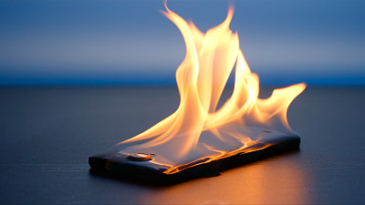 晚上，智能手机躺在桌子上燃烧着