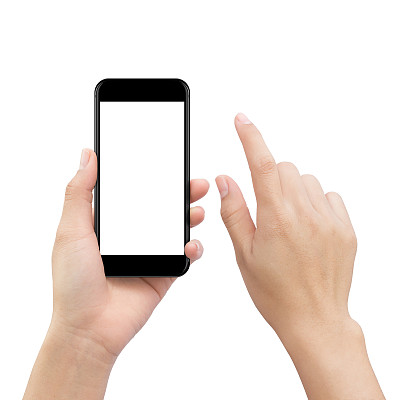 手触摸智能手机屏幕隔离白色，模拟手机手机空白屏幕轻松调整与剪切路径