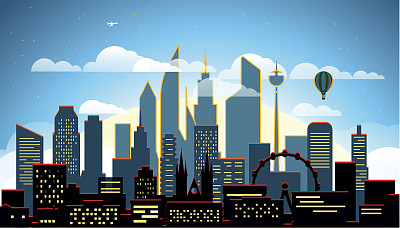 现代城市景观在傍晚矢量插图。大城市的场景