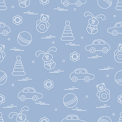 矢量图案的不同玩具:汽车，金字塔，圆锥体，球，野兔，拨浪鼓。