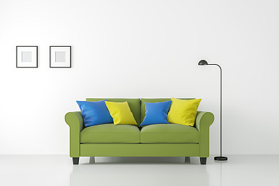 现代白色客厅内部与彩色沙发3d渲染