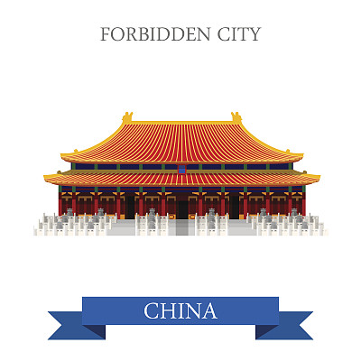 紫禁城是中国北京从明到清年间的皇宫。平面卡通风格的历史景点展示景点网站矢量插图。世界各国城市度假旅游观光亚洲亚洲华人收藏。