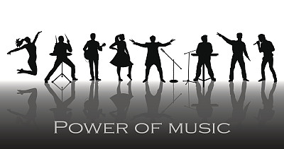 音乐概念的力量。一组音乐家、歌手和舞者的黑色剪影。矢量图