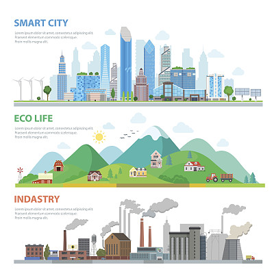 平面智慧城市，生态生活，工业信息图模板向量插图集。生态学和自然污染概念。建筑物、摩天大楼、大自然、山峦、工厂背景。