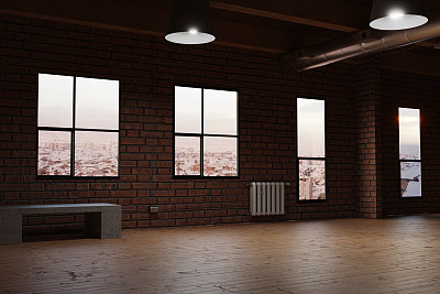3d渲染的空工作室房间与红砖