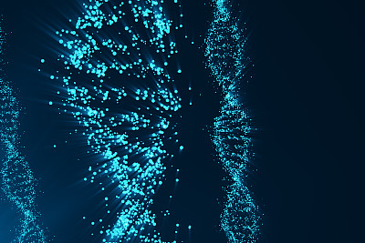 旋转DNA，基因工程科学概念，蓝色色调。三维渲染