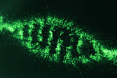 生物化学与dna分子在绿色背景下的概念，基因工程科学概念，绿色色调。三维渲染
