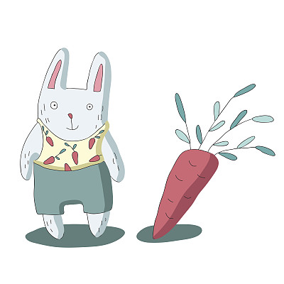 可爱的卡通兔子人物和胡萝卜，矢量孤立的插图在简单的风格。