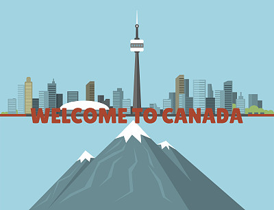 加拿大城市小溪山自然天际线山峰背景市中心加拿大城市景观矢量插图