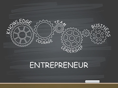 企业家与齿轮概念在黑板上。矢量插图。