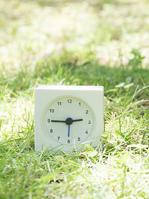 草坪上的白色简单时钟，2点45分2点45分