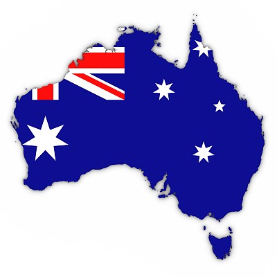 澳大利亚地图轮廓与澳大利亚国旗在白色与阴影3D插图
