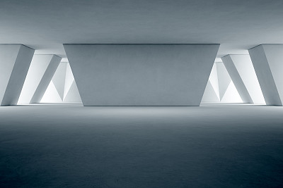 现代展厅的抽象室内设计，以空地板和混凝土墙为背景