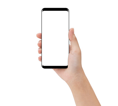特写手触摸手机手机孤立在白色，模拟智能手机的空白屏幕轻松调整与剪切路径