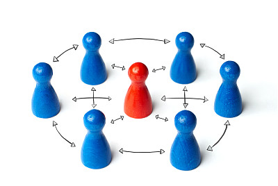 6个图中间的红色图。用画的箭头相连的或相连的交换、领导或关系的概念。孤立在白色背景上。