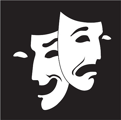 喜剧和悲剧剧场在黑色背景上蒙上了白色的面具