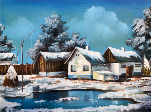 冬季村庄油画