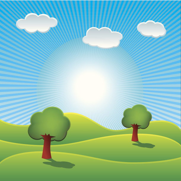 户外蓝天白云草地树林图片