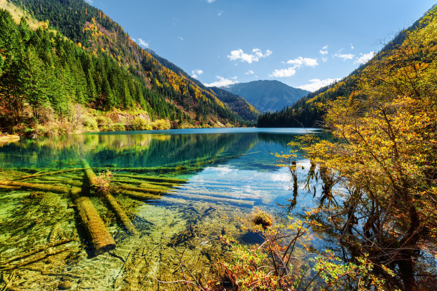 秋天的山间风景，湖水中的倒影