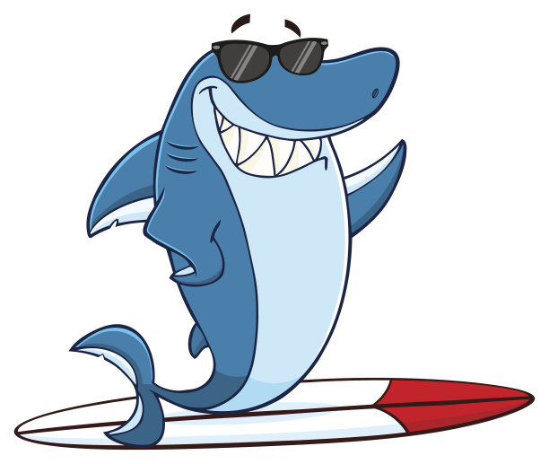 卡通冲浪鲨鱼矢量图