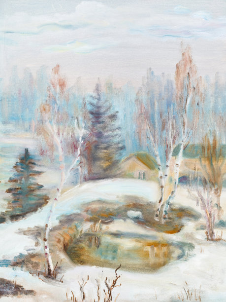 风景油画,雪地森林