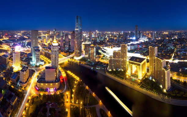 航拍天津城市建筑天际线夜景全景