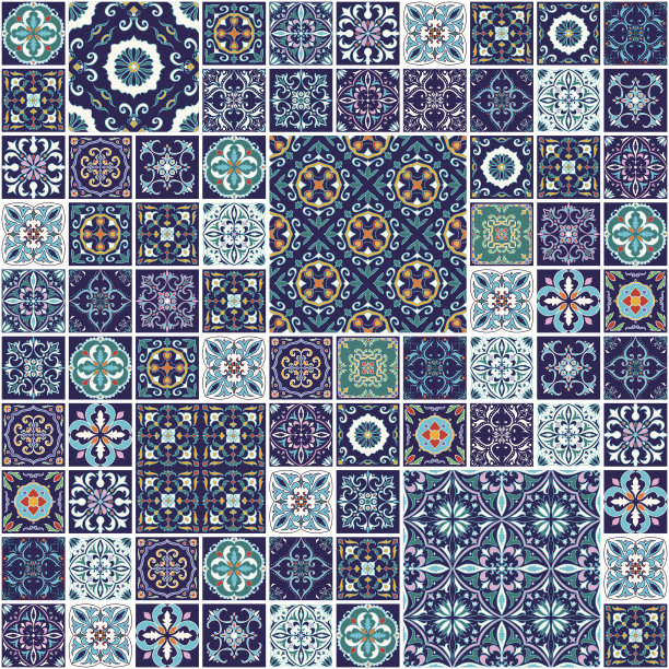 几何拼接复古风花纹图案