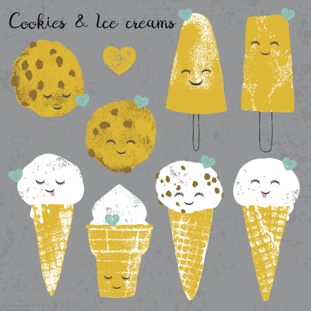 冰淇淋,拟人笑脸,绘画插图