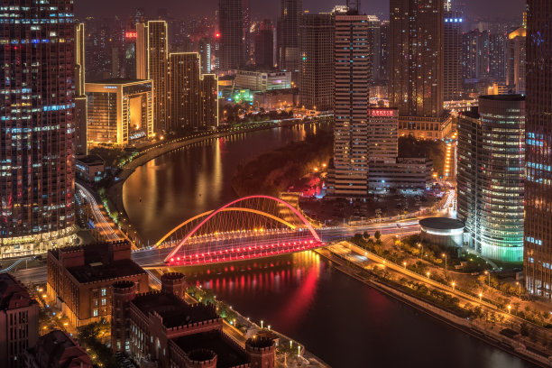 航拍天津城市建筑天际线夜景全景