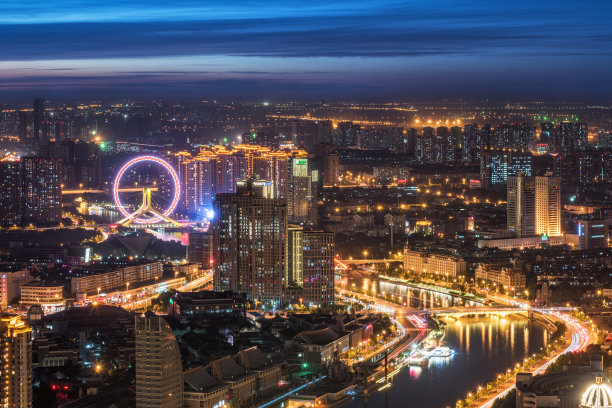 航拍天津城市建筑天际线夜景全景