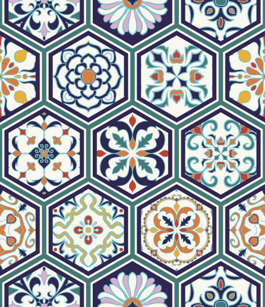 几何拼接复古风花纹图案