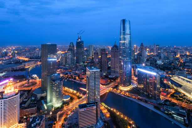 航拍天津城市建筑天际线夜景全景