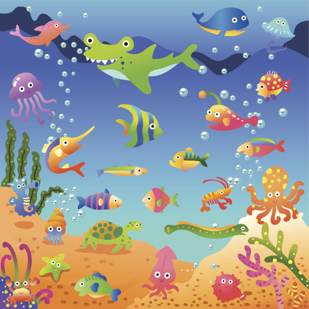 海底世界水母植物卡通鱼