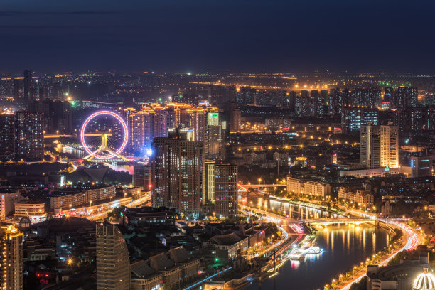 航拍天津城市建筑天际线夜景全景