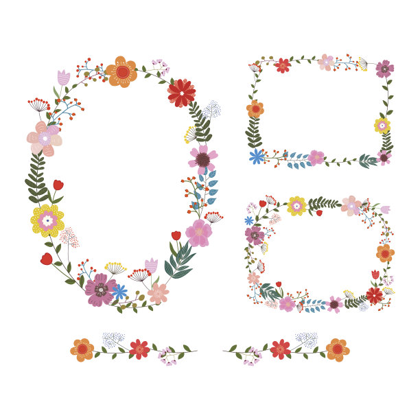 花卉环绕的圆形装饰矢量图案