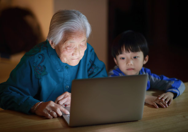 孙子和奶奶在家里用笔记本电脑