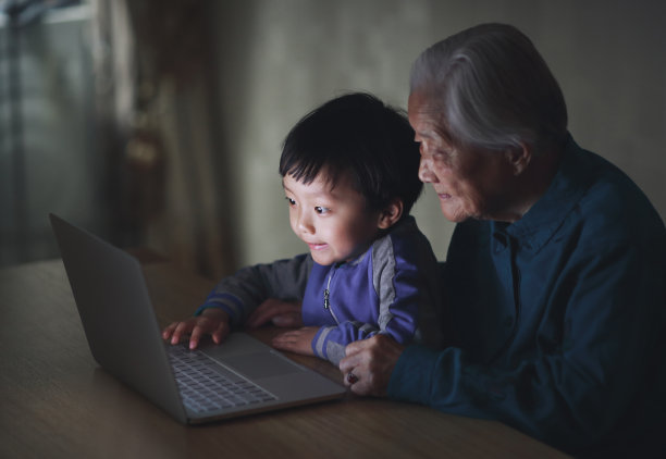 孙子和奶奶在家里用笔记本电脑