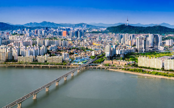 俯拍韩国首尔城市风光