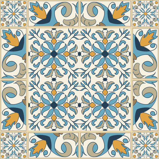 几何拼接复古风花纹图案