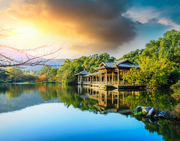 杭州西湖日落风景