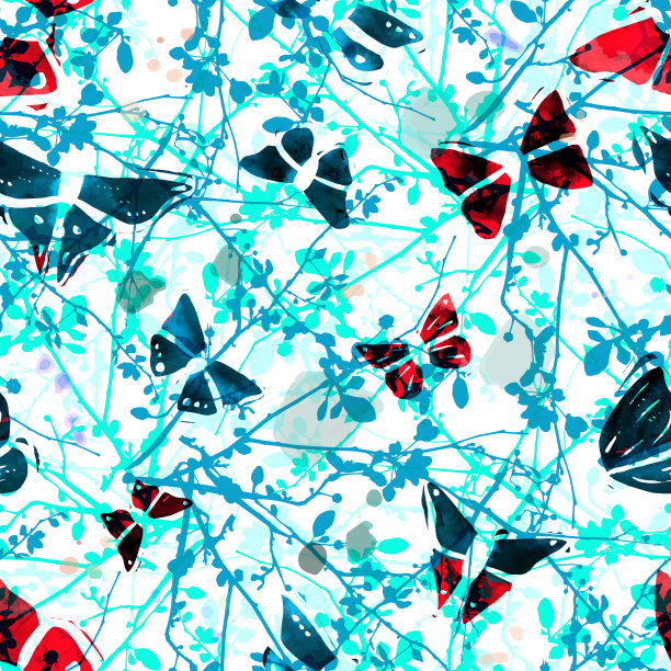 蓝白花卉蝴蝶图案素材