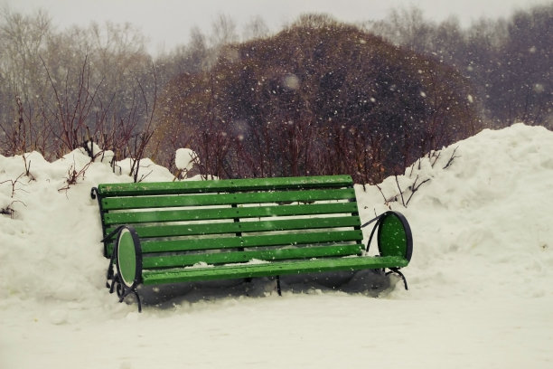 大风雪,公园长椅,雪花