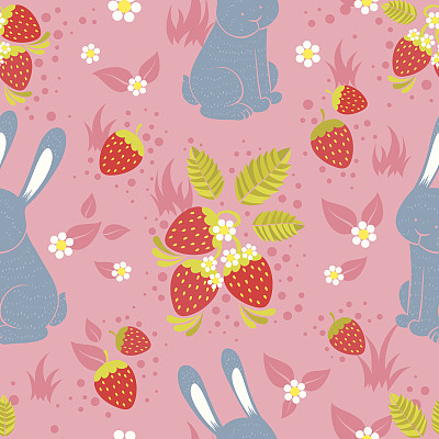 卡通兔子草莓印花图案四方连续