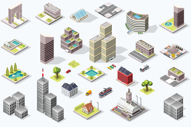 城市建筑立体插画卡通背景素材