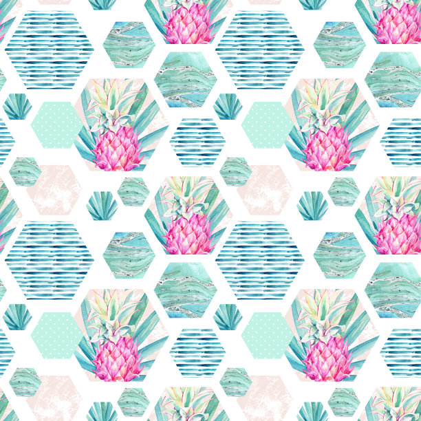 蓝绿几何六边形无缝图案