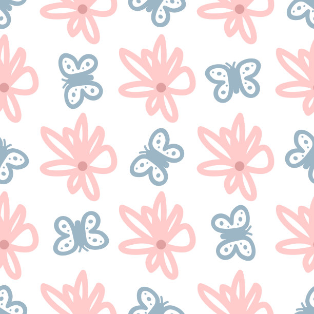 蓝白花卉蝴蝶图案素材