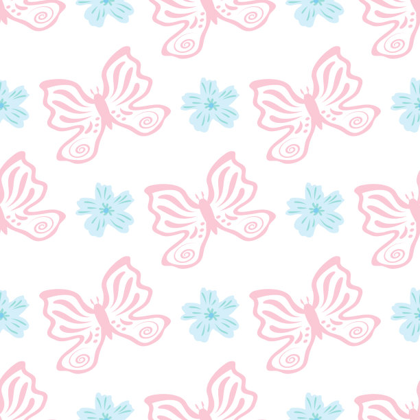 蓝白花卉蝴蝶图案素材