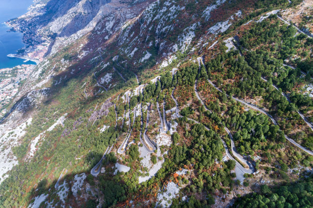 航拍海岸线盘山公路